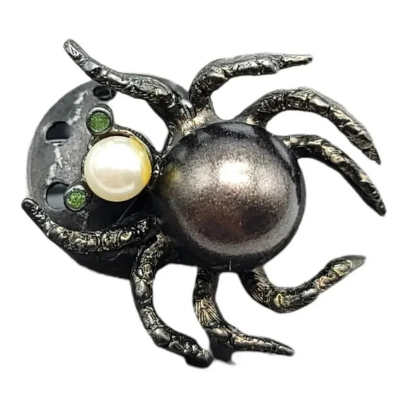 Vintage Halloween SPIDER FAUX PEARL Silver Tone Enamel Darlene Group Pin Brooch - Picture 3 of 5